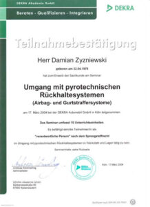 Zertifikat Umgang mit pyrotechnischen Rückhaltesystemen Damian Zyzniewski