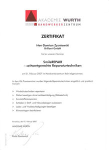 Wuerth Zertifikat Smart Repair Damian Zyzniewski