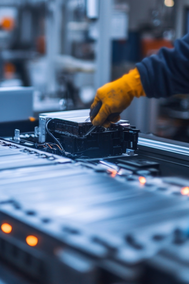 Batterieerhaltungsstatus prüfen – State of Health (SoH) für sichere Fahrzeugbewertung Techniker überprüft Batterieerhaltungsstatus eines Hochvoltspeichers mit Werkzeug in der Fertigung